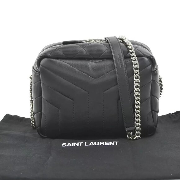 Auth SAINT LAURENT Crossbody Shoulder Bag Black Leather/Silvertone - Picture 1 of 16